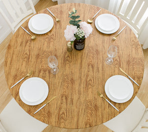 Indoor Outdoor Round Fitted Vinyl Tablecloth, Flannel Backed & Elastic Edge, Oil & Waterproof, White Oak Wood Grains for Round Tables