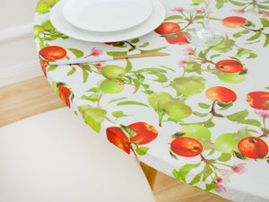 Indoor Outdoor Round Fitted Vinyl Tablecloth, Flannel Backed & Elastic Edge, Oil & Waterproof, Durable Apples & Fruits Patterns for Round Tables