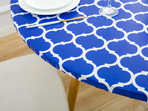 Indoor Outdoor Round Fitted Vinyl Tablecloth, Flannel Backed & Elastic Edge, Oil & Waterproof Easy Clean, Durable Blue Moroccan Trellis Patterns for Round Tables