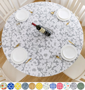 Indoor Outdoor Patio Round Fitted Vinyl Tablecloth, Flannel Backing, Elastic Edge, Waterproof Wipeable Plastic Cover, Floral White Pattern