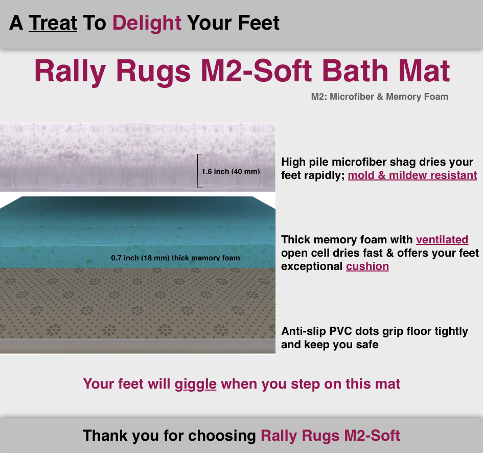 Rally Rugs M2-Soft Luxurious Shaggy Microfiber Bath Rug, Padded